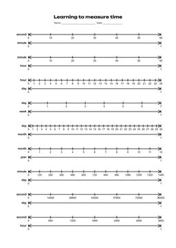 Time measurement worksheet with blank time scales for practice
Worksheet with number lines and exercises for comparing units of time (second, minute, hour, day, week, month, year)