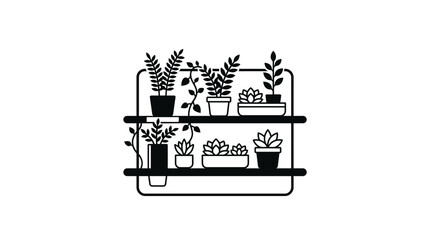 Fototapeta premium Minimalist Black and White of Two Shelf Plant Stand with Various Indoor Plants and Pots with high quality professional line art symbols for modern creative design and digital branding projects