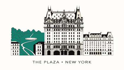 Obraz premium Very beautiful realistic vector illustration of The Plaza New York with elegant Beaux-Arts architecture overlooking Central Park, centered caption below illustration: 