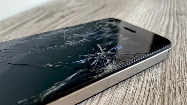 View of the broken phone screen. Cracked glass. A broken smartphone. Wooden background. Close up. 4k