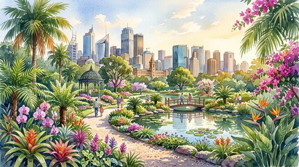 Fototapeta premium Beautiful watercolour city botanical garden scenery