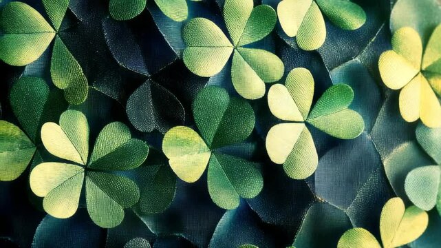 Close-up of vibrant green clover leaves. Leaves display natural texture and subtle color gradients. Soft lighting enhances leaf details and depth. Patterned arrangement creates organic