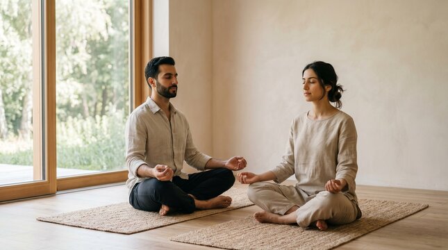 Man and woman meditating together in serene sunlit room with large window.