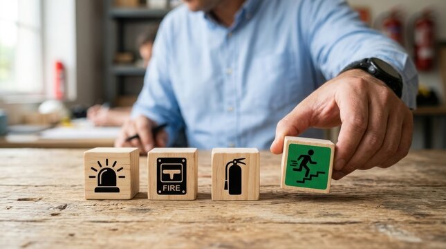 Hand placing a green wooden block with an emergency exit staircase icon
