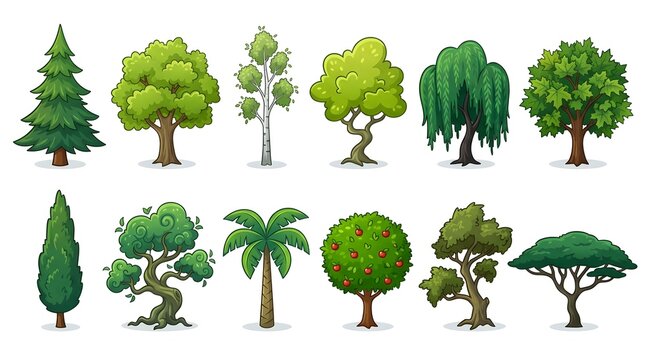 A collection of various hand drawn tree illustrations featuring diverse species including pine willow palm and deciduous trees isolated on a white background