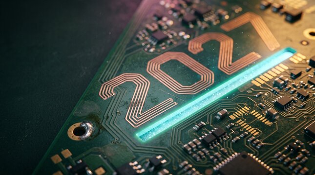 Copper trace 2027 numerals etched into a green circuit board above a glowing cyan channel with gold pads and tiny solder fillets, representing cybersecurity ai innovation and future tech concept