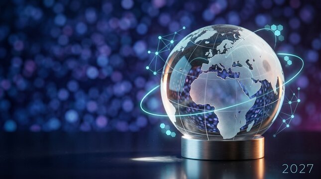 Crystal globe of europe and africa on an aluminium ring stand ringed by cyan node lattice arcs against a deep blue bokeh sphere field, representing world business finance and science concept