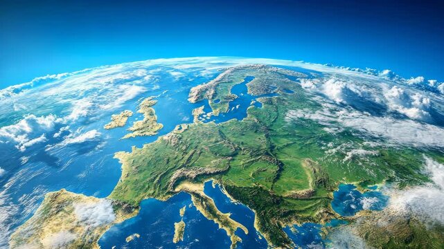 The the stunning beauty of Europe as seen from space. The map-like representation allows viewers to appreciate the diverse landscapes and geographic features that define this continent.