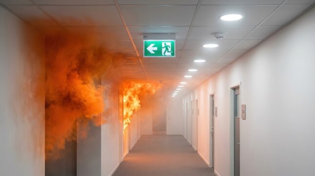 Emergency exit sign in a smokefilled office corridor during a fire evacuation