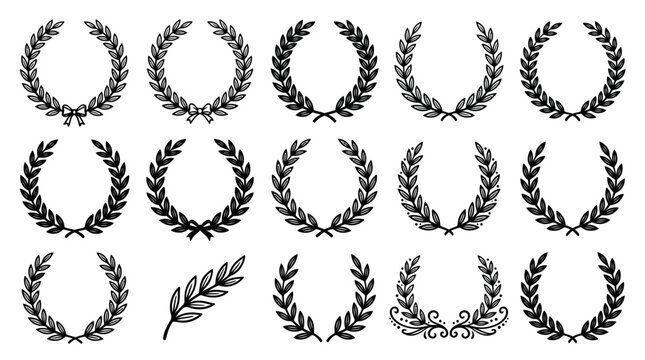 Black laurel wreath vector icons set, ancient Greek olive branch symbols for award and victory