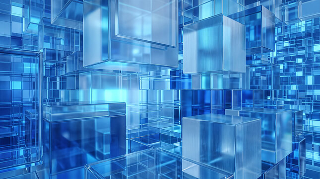 Abstract 3D blue transparent cubes forming digital geometric structure symbolizing technology data architecture innovation and futuristic virtual design concept    generative ai