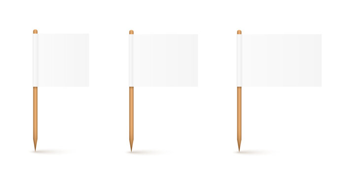 Paper food flags mockup set. White cake flags on wooden toothpick. 3D small cake topper for birthday party, wedding celebration or promotional event. Realistic vector illustration.