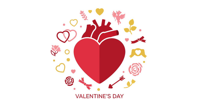 Red heart with Valentines Day symbols.