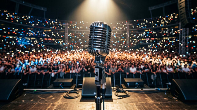 Retro microphone on stage, crowd with lights at concert