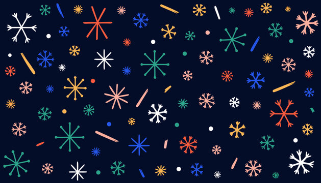 Minimalist festive winter holiday background featuring multicolored hand drawn snowflake patterns scattered across dark navy backdrop with snowflakes small confetti