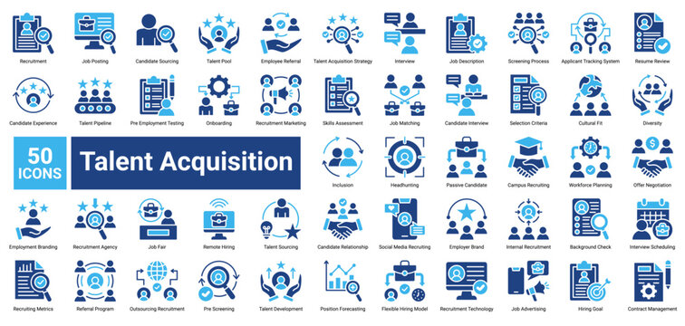 Talent Acquisition icon set containing Recruitment, Candidate Sourcing, Interview, Onboarding, Talent Pipeline, and more to illustrate hiring, workforce planning, and recruitment management.