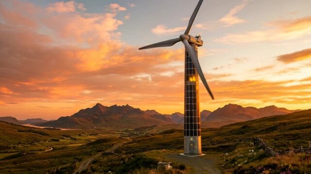 Innovative hybrid wind turbine with embedded solar cells at sunset in a majestic mountain landscape.