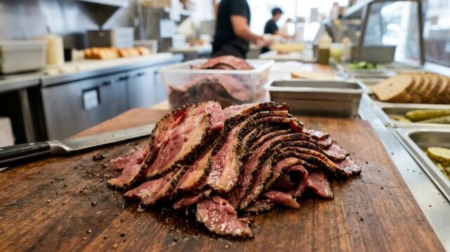 Heap of thinly sliced, pepper-crusted hot pastrami meat piled on a wooden board, ready for sandwich assembly