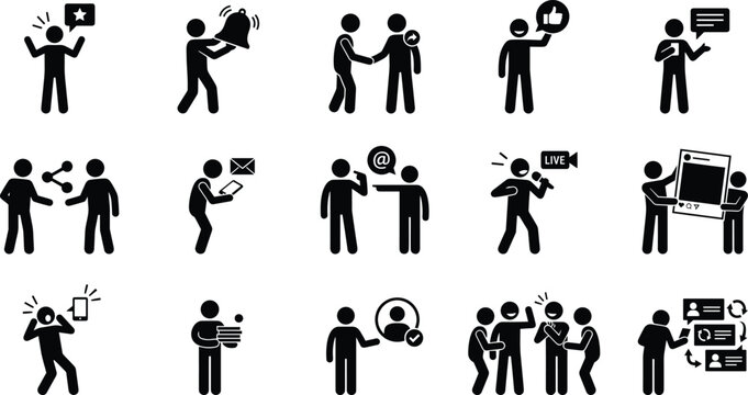 Set of social media and communication icons, stick figures representing interaction, networking, sharing, and digital engagement