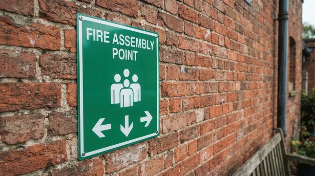 Fire assembly point sign on a brick wall