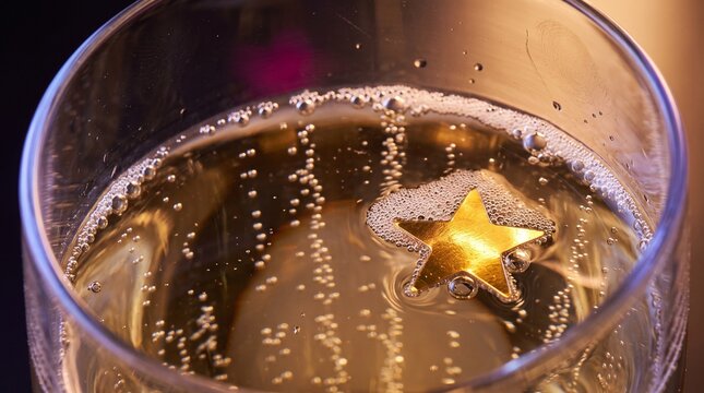 Extreme macro inside a champagne flute where a gold foil star dimples the surface tension amid rising bubble strings and a foam collar, representing new year toast luxury and celebration concept