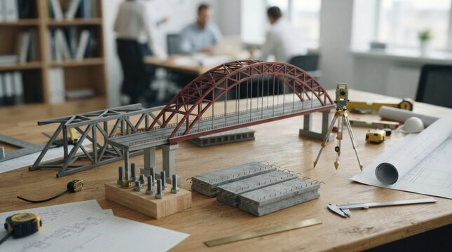 Bridge replacement engineering layout with arch span model, steel trusses, precast deck segments, anchor bolts, and a surveying tripod.