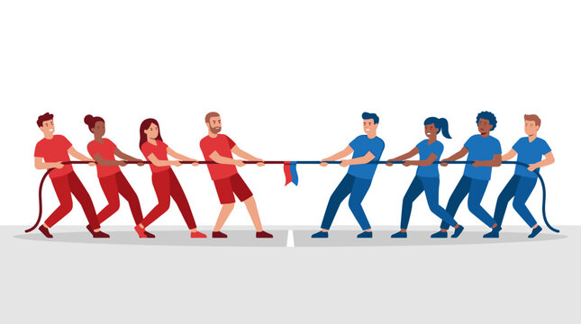 Two diverse teams playing tug of war, business competition and teamwork, pulling rope, strength