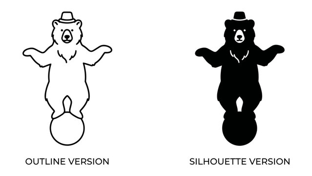Circus Bear Outline and Silhouette: Two contrasting depictions of a circus bear, one in an outline style and the other as a solid silhouette, both standing balanced on a ball wearing a top hat.