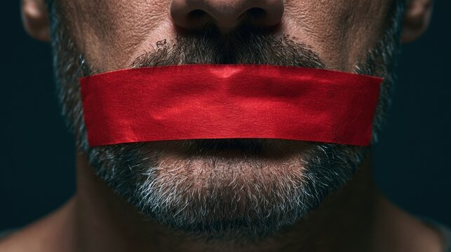 Close-up of mature man with beard and mustache covering mouth with red tape symbolizing silence censorship and restricted speech concept on dark background