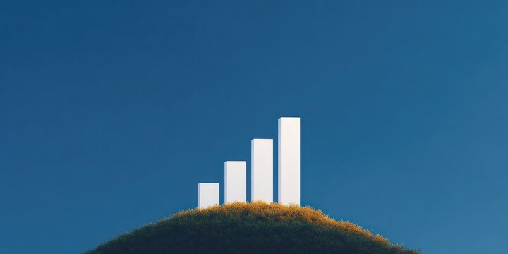 White Growing Bar Graph on Green Hill Against Blue Sky Representing Business Growth and Financial Success Concept for Corporate Strategy Presentations