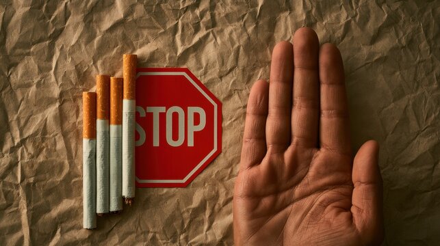 Hand gesture signaling stop to smoking with broken cigarette over red stop sign on crumpled brown paper background for anti tobacco campaign and health awareness