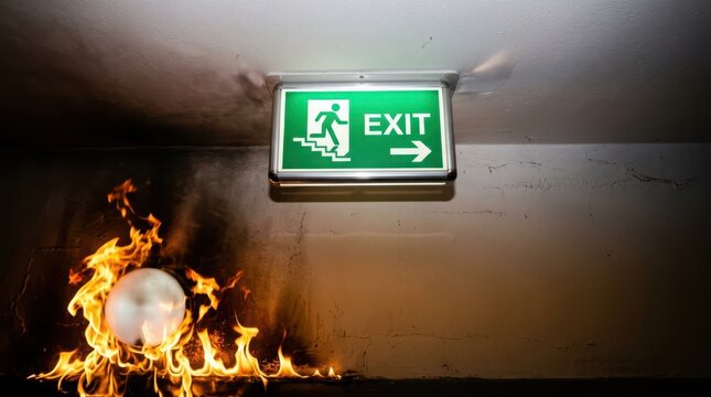 Illuminated green exit sign mounted on a wall above a fire with flames and smoke