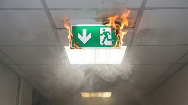 Emergency exit sign on fire with smoke in office corridor