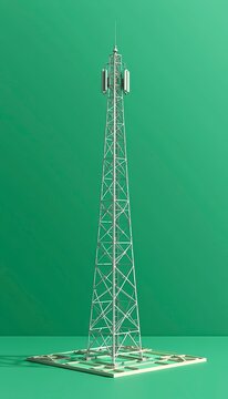 Clean engineer working 5G tower layout layers presenting a sharp telecommunication expansion concept on premium emerald green backdrop