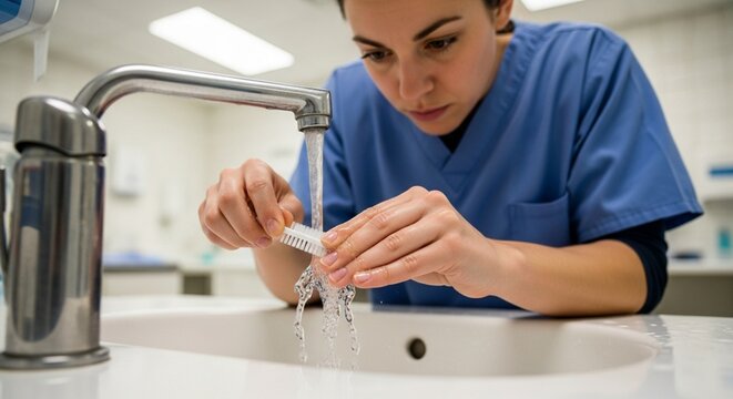 Nurse washing medical equipment under running water in clinic bathroom