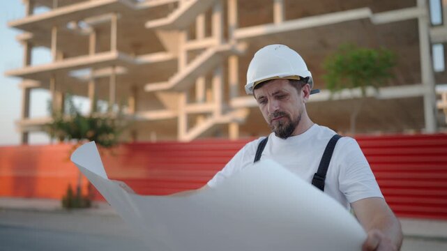 Construction supervisor wear white safety helmet and work overalls reviewing blueprints while comparing them. Civil engineering, project planning and construction site inspection concept