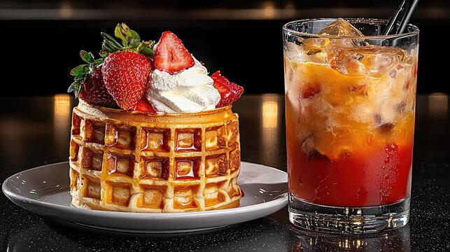Belgian Waffle With Strawberries And A Fruity Cocktail On A Black Background