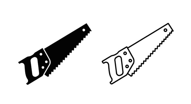 Vector illustration of set of hand saw icons, solid and outline style on a transparent background
