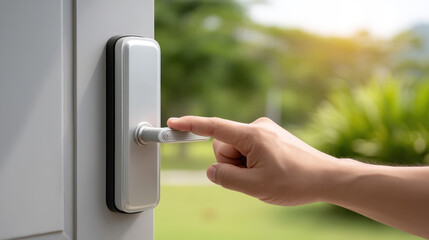 Naklejka premium Smart home automation concept with hand pressing modern door handle on house entrance for security and convenience