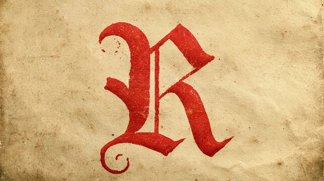 A striking red initial capital letter "R" in a gothic or medieval style, prominently displayed on a textured, aged, and discolored parchment background