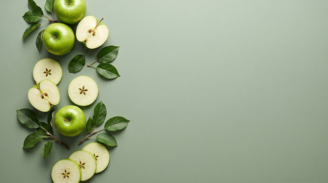   
Fresh green apples and sliced halves with leaves arranged on pastel green background symbolizing healthy eating organic fruit freshness and natural food concept  generative ai