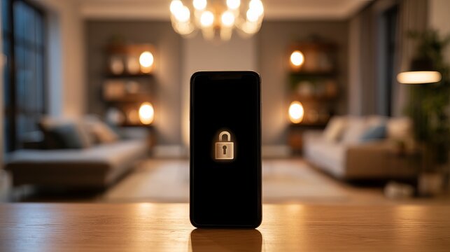 Smartphone security lock screen glowing in modern living room setting