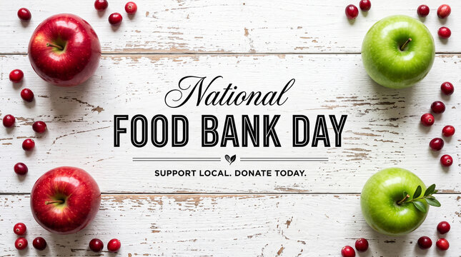 National Food Bank Day poster with apples and cranberries on rustic white wooden background promoting community support local donation and hunger awareness  generative ai