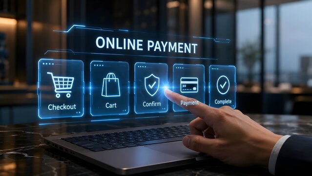 Businessman using a laptop to access an online payment system with digital icons for secure financial transactions