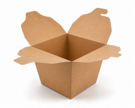 Open brown kraft paper takeaway box mockup on white background. Blank eco-friendly wok or food container template for restaurant delivery and commercial packaging design.