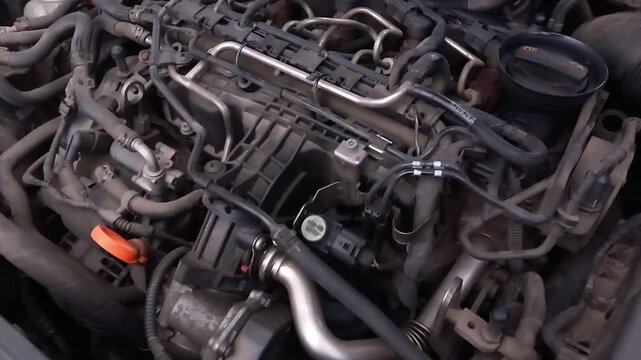 Close-up of engine idle rattle with injector clicks and belt whir sounds at rest in a workshop setting