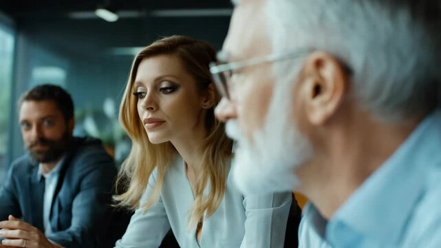 A bearded man wearing eyeglasses, sitting at a table with others. He's dressed in a suit and seems to be engaged in conversation during an office setting or formal event.