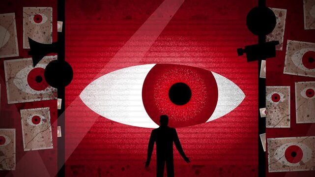 person standing before a giant Orwellian eye on a screen surrounded by cameras and posters