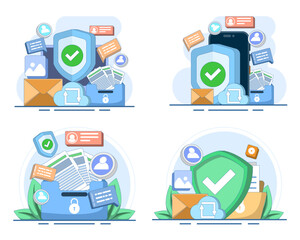 Flat modern vector illustration set of database protection, cybersecurity, cloud storage, data centers, file management, information privacy, internet security and digital data protection. © FAHMI 