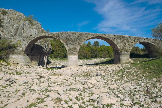 old ottoman stone bridge "Ovciji Brod" and dry riverbed of the Zalomka river,  Bratac, Nevesinje, Bosnia and Herzegovina